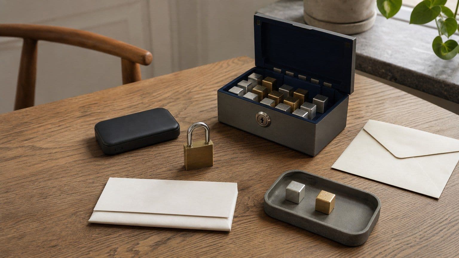 En hardware-wallet ligger ved en hængelås, en sikkerhedsboks med digitale værdier og blank skattedokumentation.