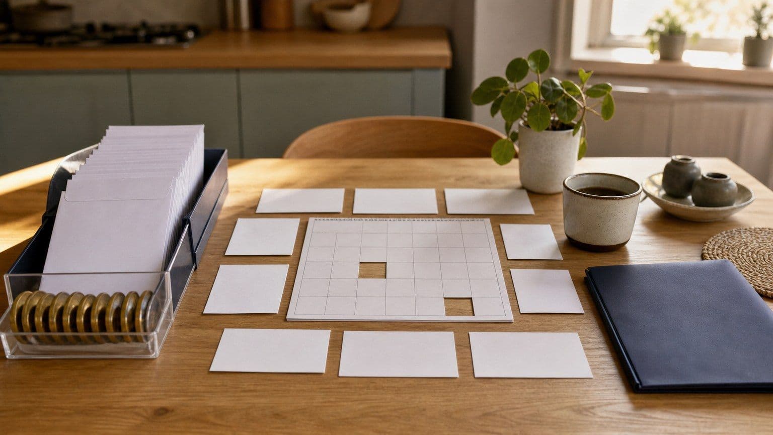 Danish freelancer tax table with blank invoices, tax folder, calendar and money set aside for B-skat.