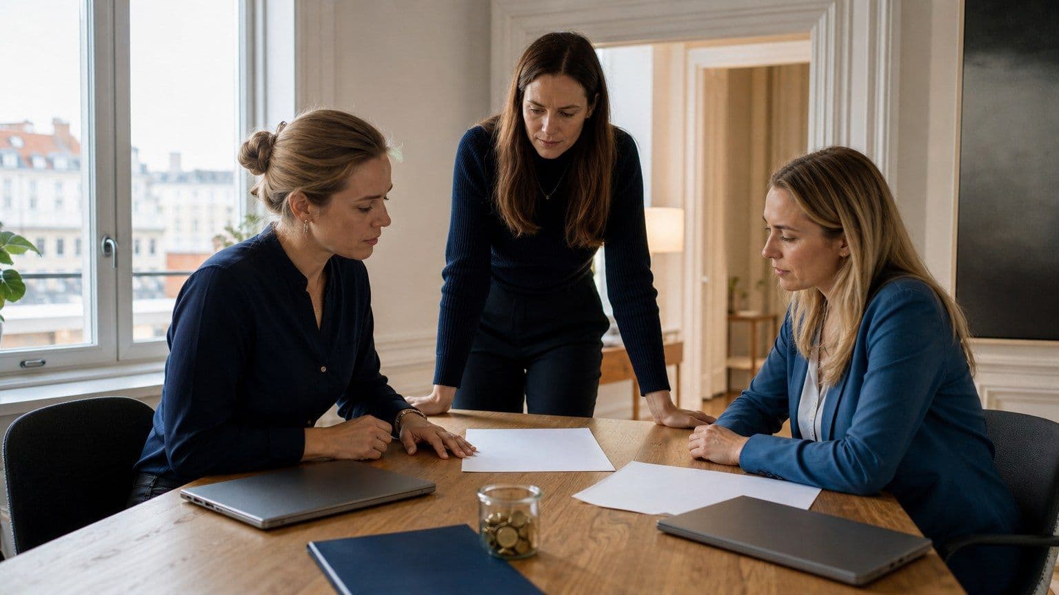 Tre danske kvinder i finans sidder og står omkring et mødebord med blanke papirer, lukkede computere og mønter.