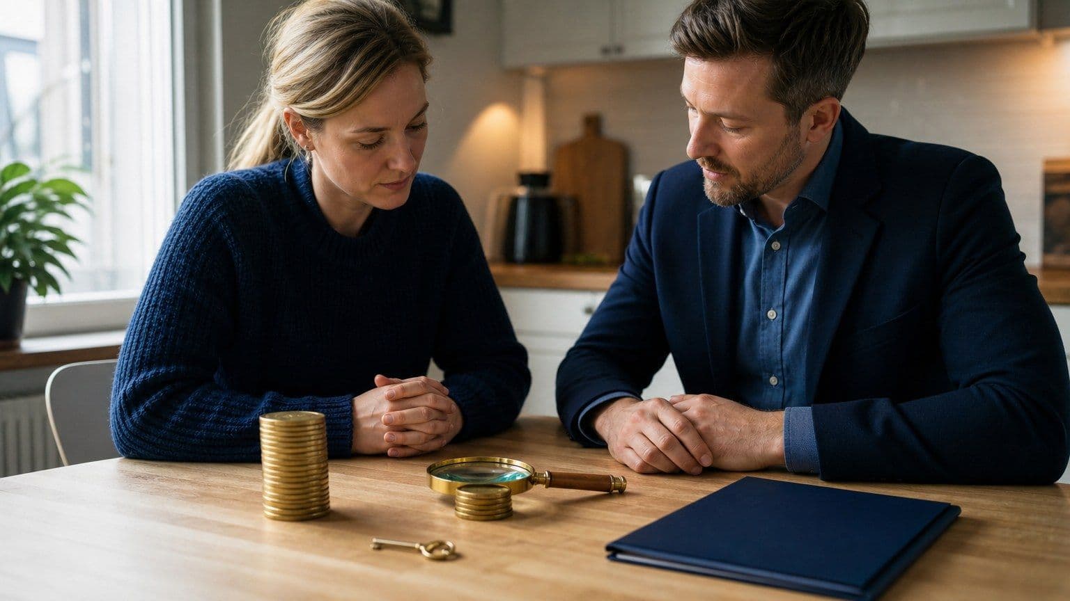 To personer ved et nordisk køkkenbord sammenligner boliglånsrente med nøgler, lånemappe og umarkerede mønter.