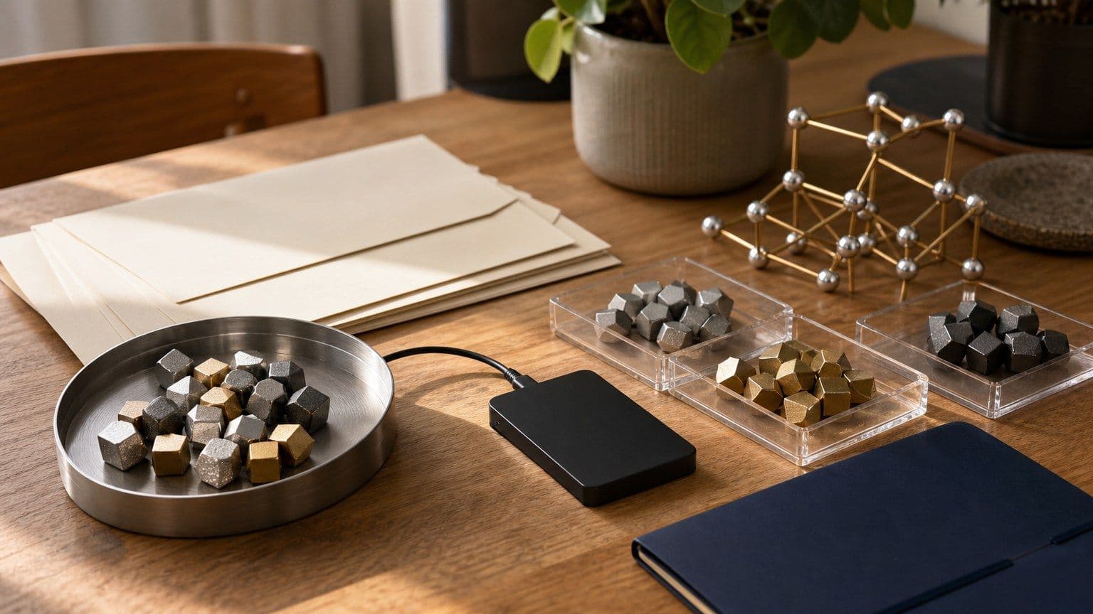 Hardware wallet, token-kuber og statistikbakker på et dansk bord illustrerer kryptovaluta-ejere i Danmark.
