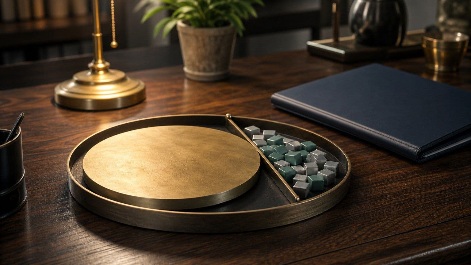 En stor blank messingdisk fylder størstedelen af en markedsbakke ved siden af mindre umarkerede kryptotokens.