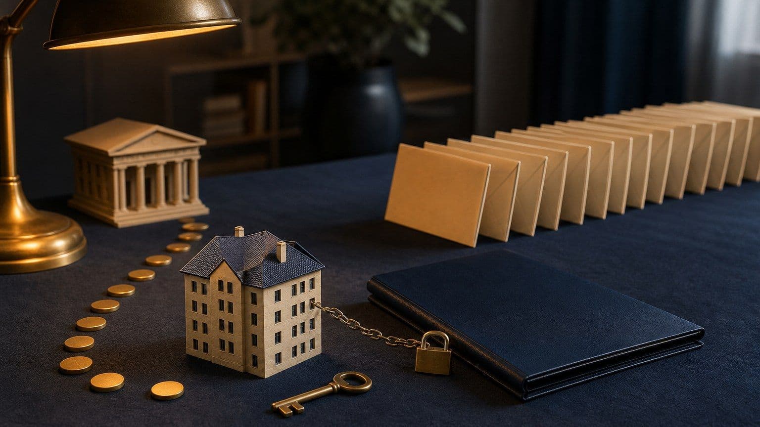 Boligmodel, husnøgle og lånemappe på et mørkt bord som illustration af boliglån.