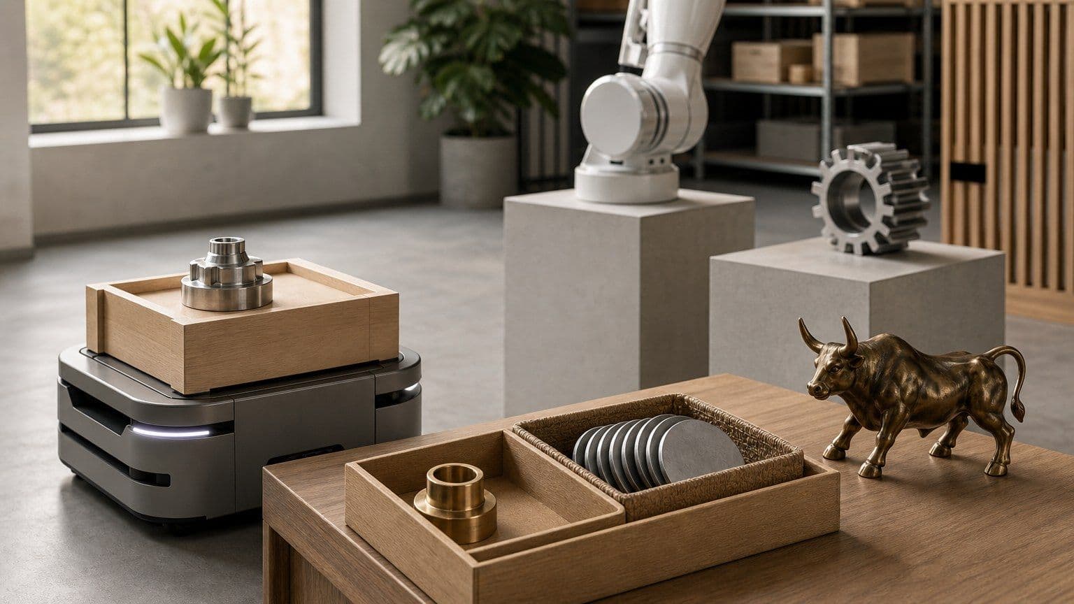 En lagerrobot ved en investeringsstation med enkeltaktie, ETF-kurv og komponenter fra forskellige robotområder.
