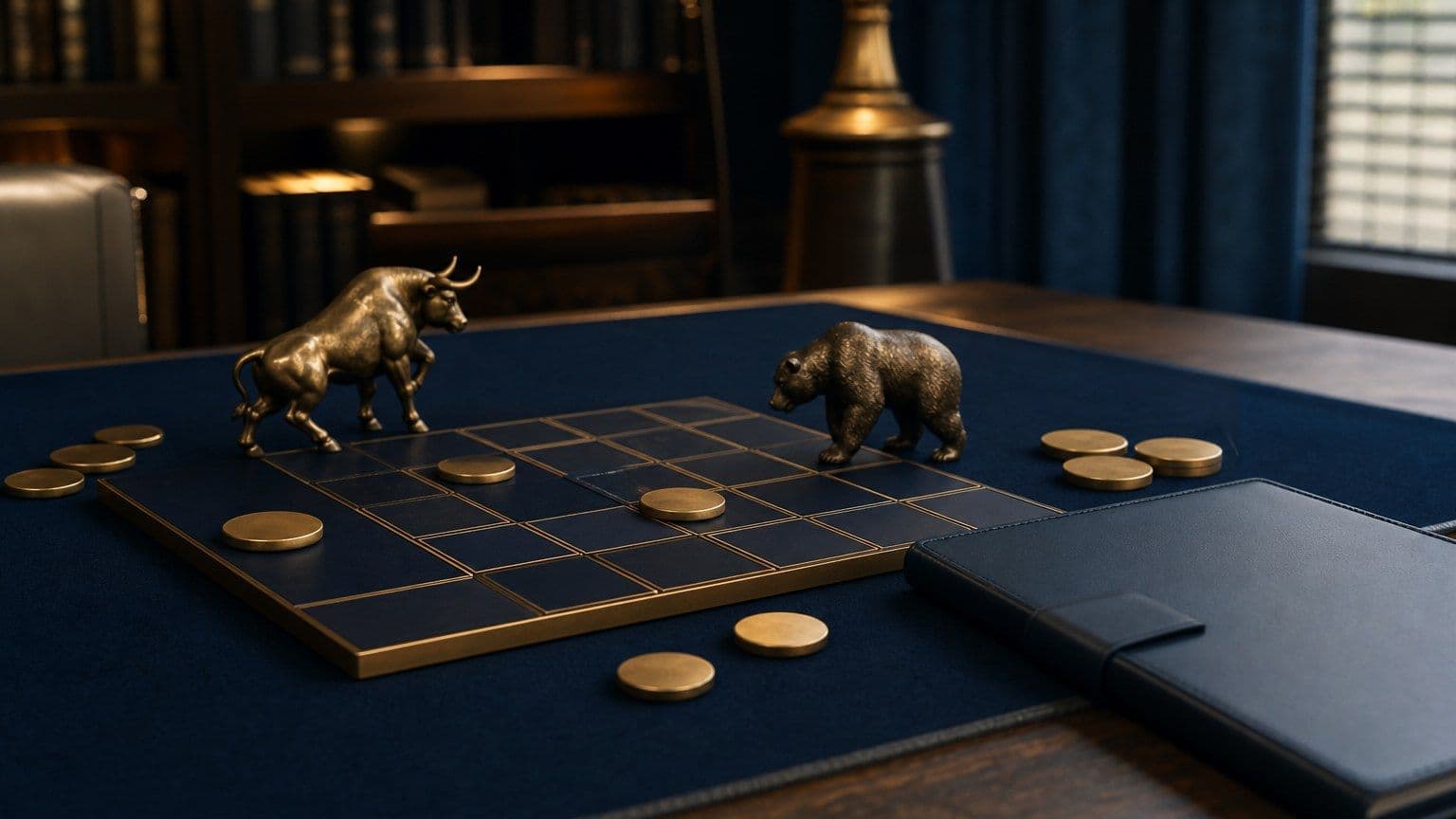 Et investeringsspil på bordet vises med små bronzefigurer, blanke spillefelter og møntbrikker.